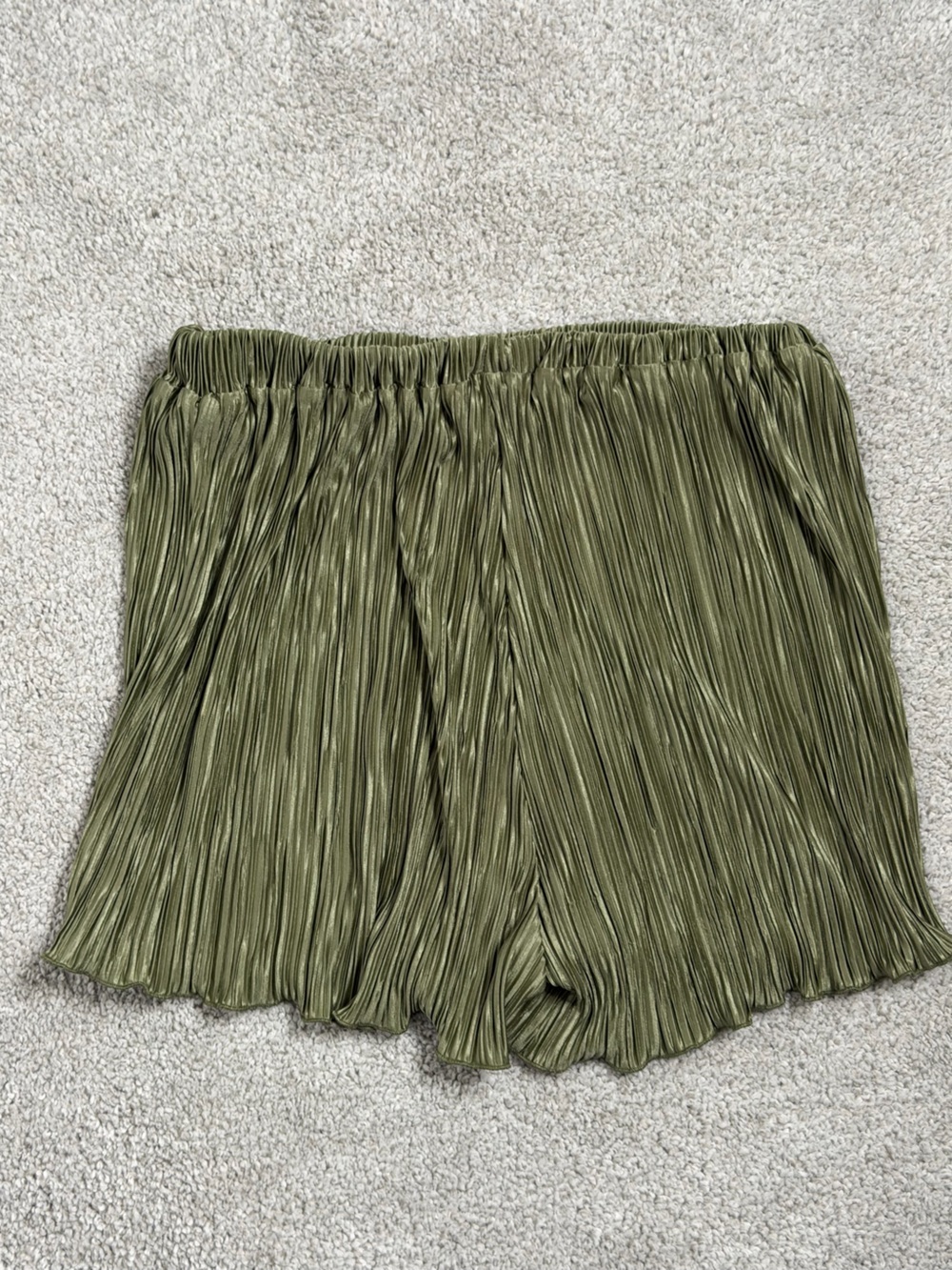 Olive Green Pleated Satin Shorts